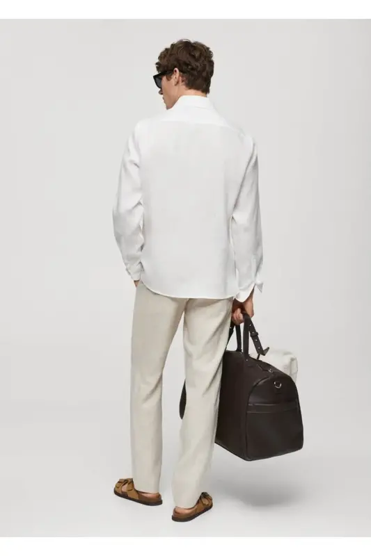 %100 Keten Regular Kesim Gömlek-Beyaz - 4