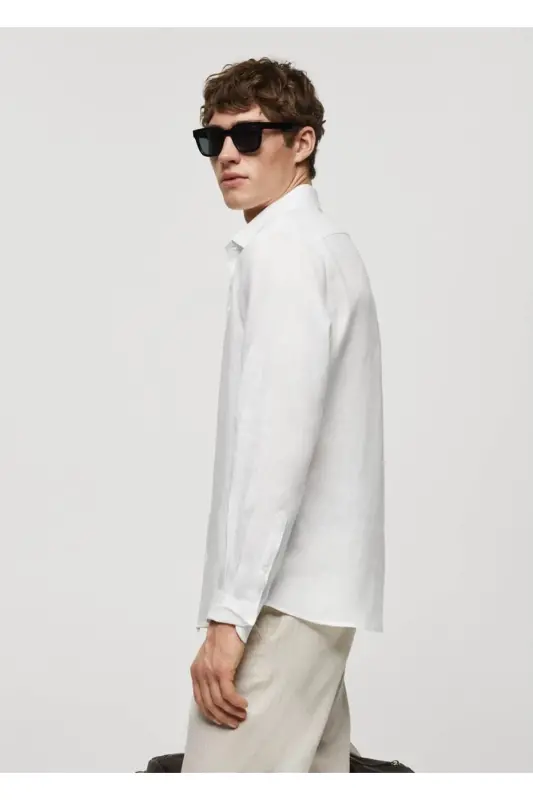 %100 Keten Regular Kesim Gömlek-Beyaz - 7