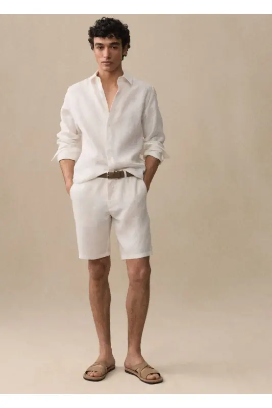 %100 Keten Regular Kesim Gömlek-Beyaz - 8