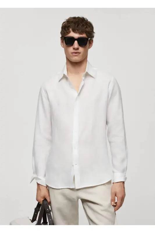 %100 Keten Regular Kesim Gömlek-Beyaz - MANGO MAN