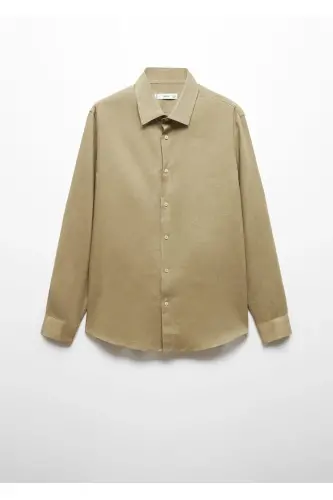 %100 Keten Regular Kesim Gömlek-Haki Renk - 3