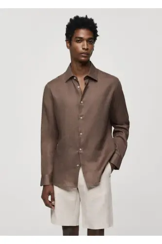 %100 Keten Regular Kesim Gömlek-Kahverengi - 1