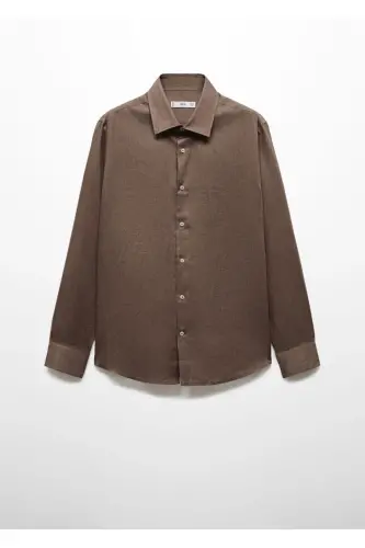 %100 Keten Regular Kesim Gömlek-Kahverengi - 3