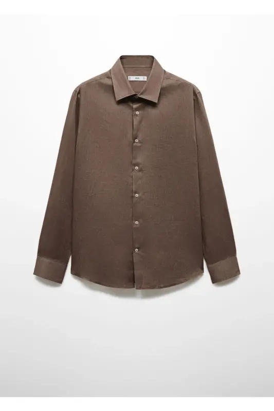 %100 Keten Regular Kesim Gömlek-Kahverengi - 3