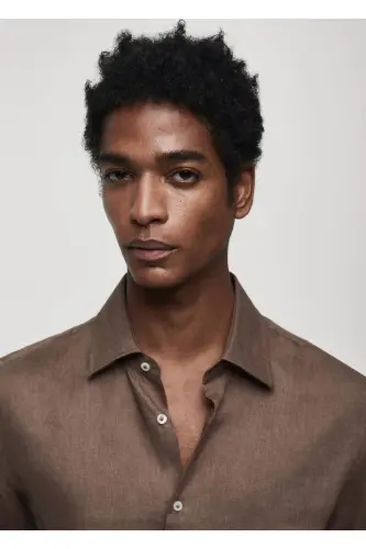 %100 Keten Regular Kesim Gömlek-Kahverengi - 5