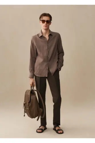 %100 Keten Regular Kesim Gömlek-Kahverengi - 6