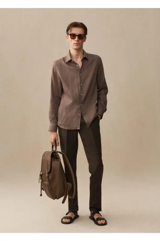 %100 Keten Regular Kesim Gömlek-Kahverengi - 6