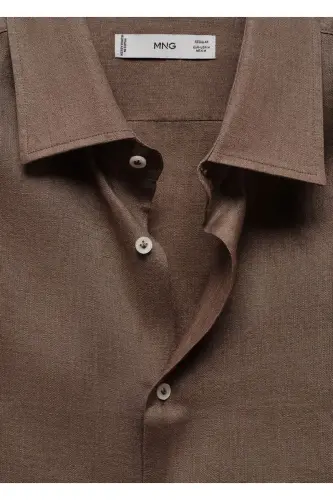 %100 Keten Regular Kesim Gömlek-Kahverengi - 7