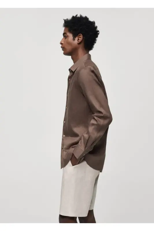 %100 Keten Regular Kesim Gömlek-Kahverengi - 8