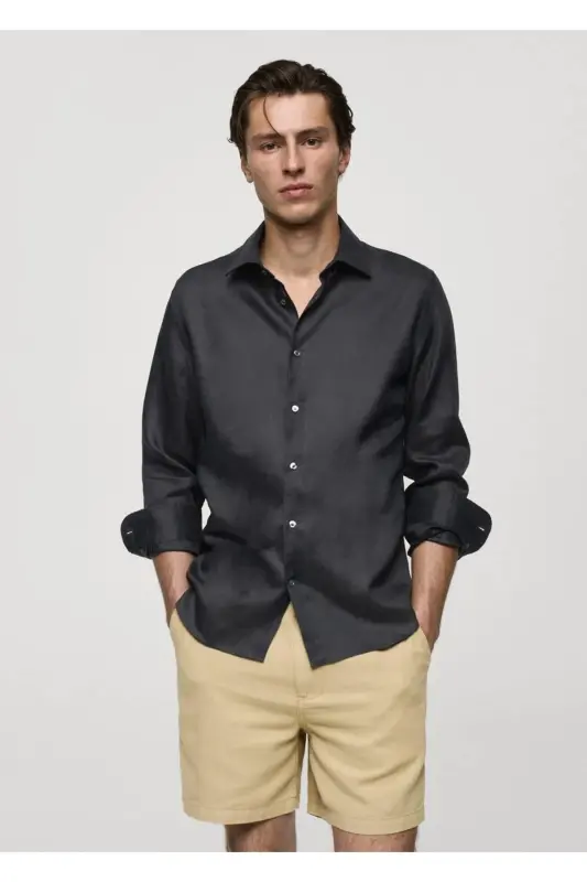 %100 Keten Regular Kesim Gömlek-Kömür Karası - 1