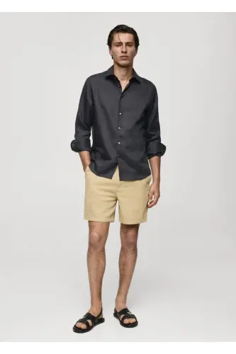 %100 Keten Regular Kesim Gömlek-Kömür Karası - 2