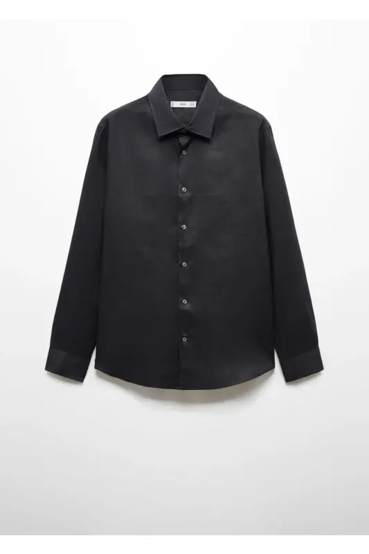 %100 Keten Regular Kesim Gömlek-Kömür Karası - 3