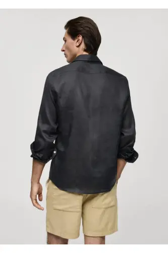 %100 Keten Regular Kesim Gömlek-Kömür Karası - 4