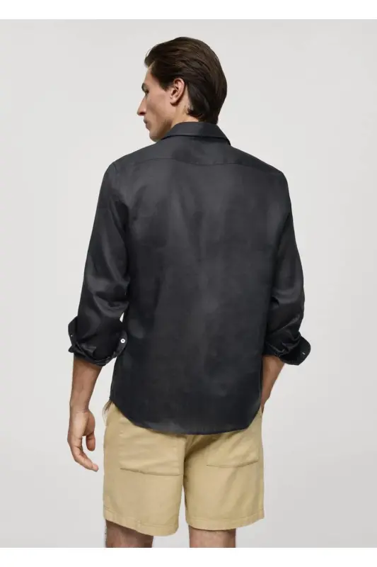 %100 Keten Regular Kesim Gömlek-Kömür Karası - 4