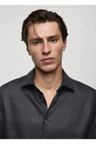 %100 Keten Regular Kesim Gömlek-Kömür Karası - 5