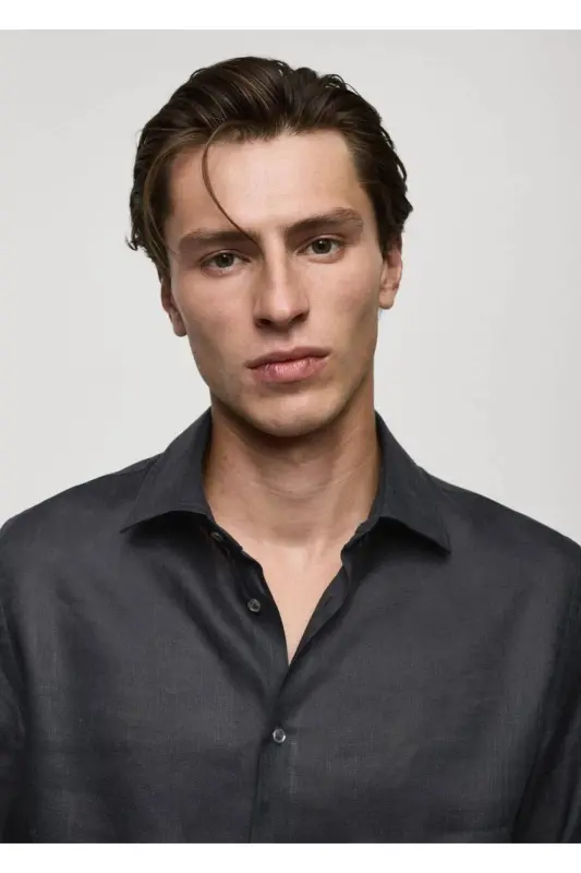 %100 Keten Regular Kesim Gömlek-Kömür Karası - 5