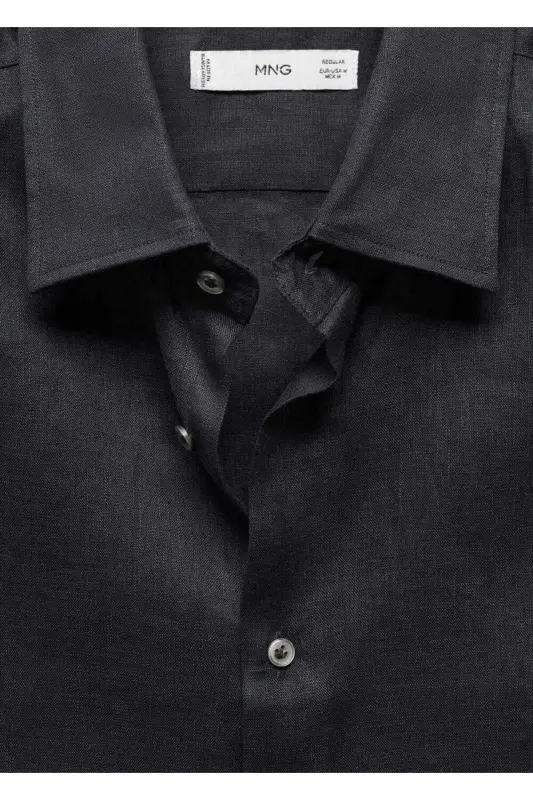 %100 Keten Regular Kesim Gömlek-Kömür Karası - 6