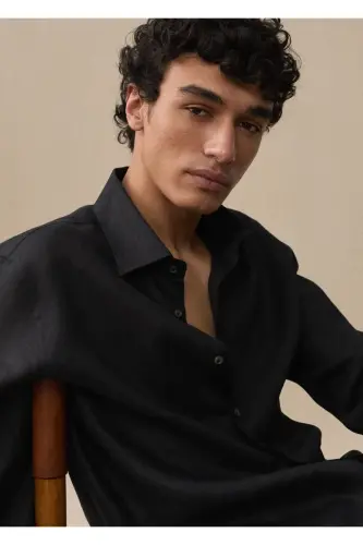 %100 Keten Regular Kesim Gömlek-Kömür Karası - 8