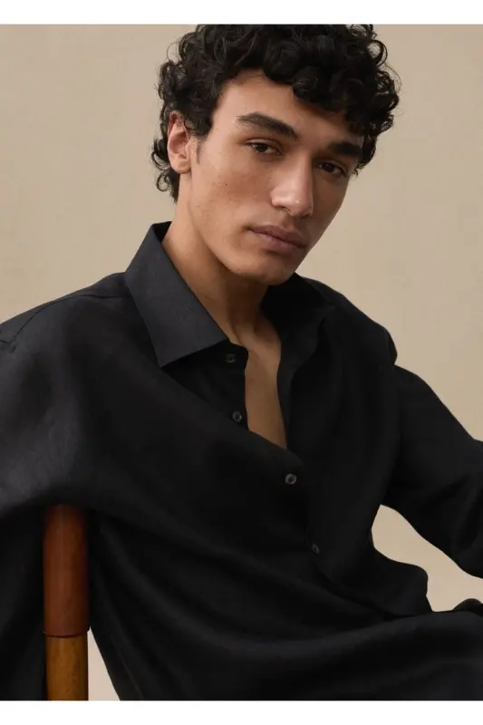 %100 Keten Regular Kesim Gömlek-Kömür Karası - 8