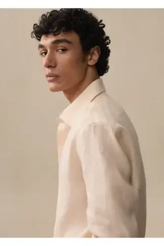 %100 Keten Regular Kesim Gömlek-Pembemsi Turuncu - 8