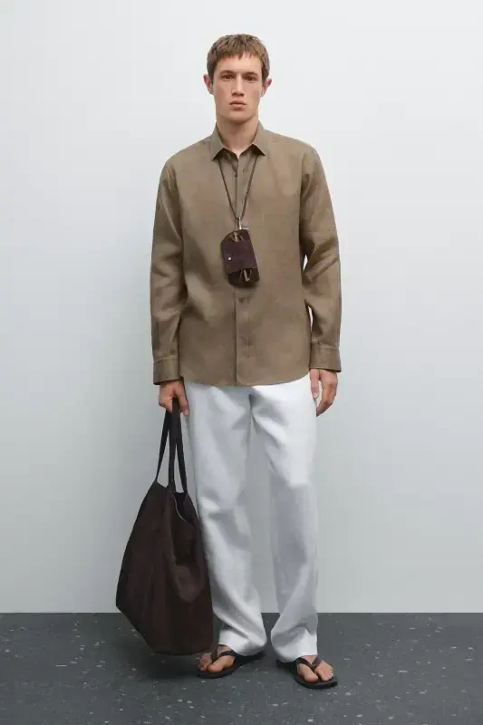 %100 keten slim fit gömlek-HAKI - MASSIMO DUTTI