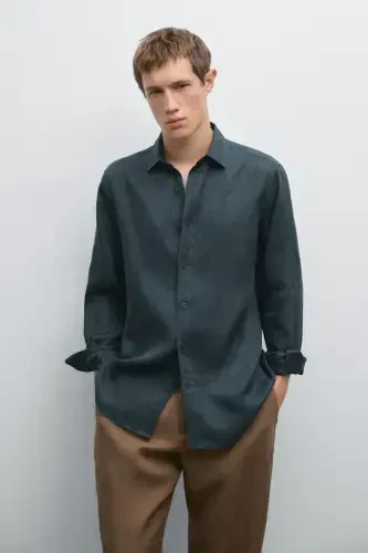 %100 keten slim fit gömlek-Mavi - MASSIMO DUTTI (1)