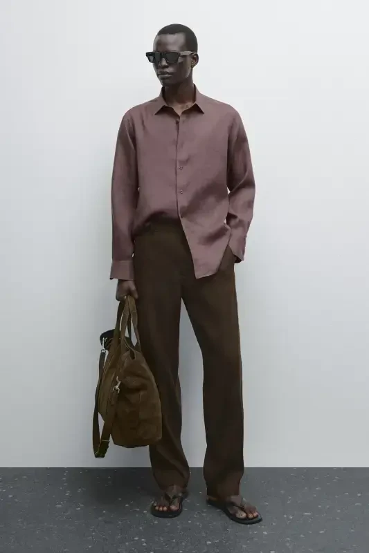 %100 keten slim fit gömlek-PATLICAN - MASSIMO DUTTI