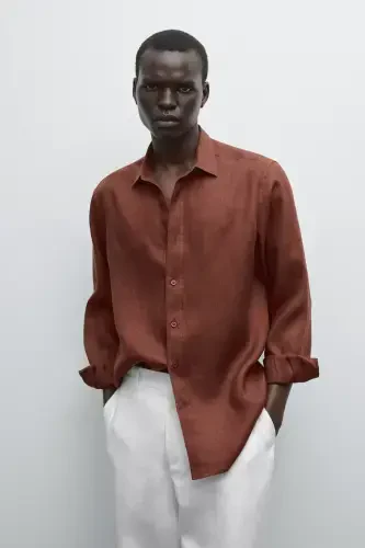 %100 keten slim fit gömlek-TERRACOTA - MASSIMO DUTTI (1)