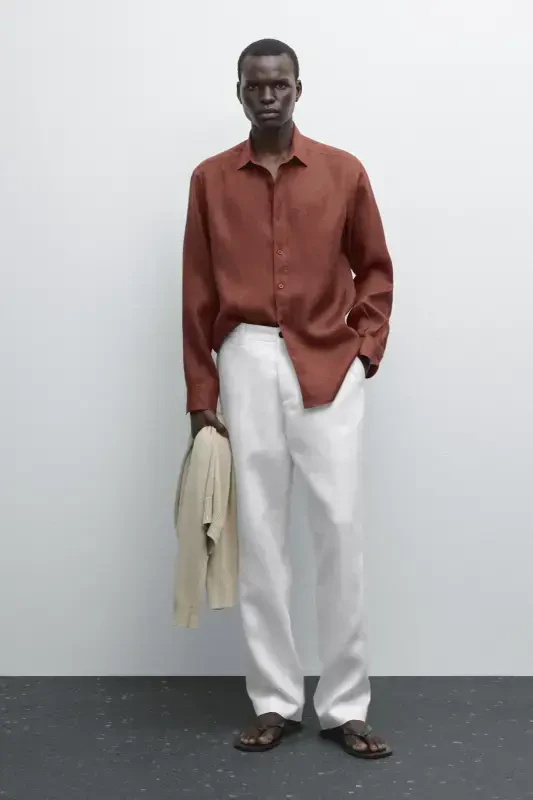 %100 keten slim fit gömlek-TERRACOTA - MASSIMO DUTTI