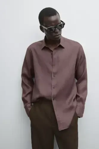 %100 keten slim fit ko'ylak-PATLIJAN - 2