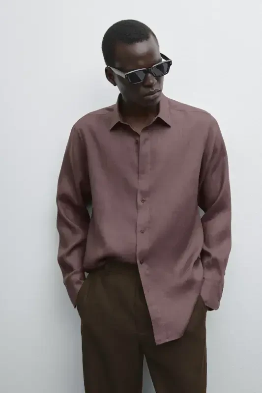 %100 keten slim fit ko'ylak-PATLIJAN - 2