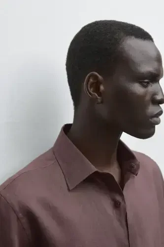 %100 keten slim fit ko'ylak-PATLIJAN - 4