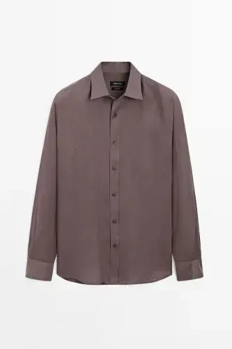 %100 keten slim fit ko'ylak-PATLIJAN - 5