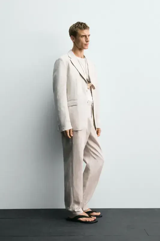 %100 KETEN TAKIM BLAZER-Ochiq bej - 4