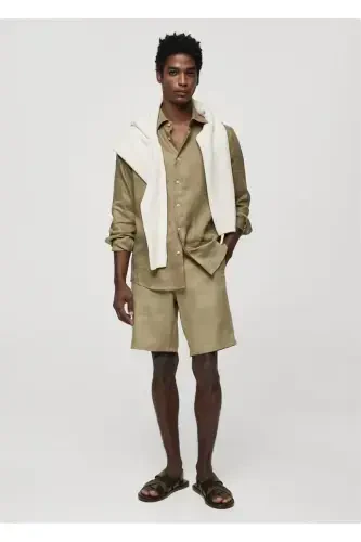 %100 Лён Классическая Рубашка-Цвет Хаки - MANGO MAN (1)