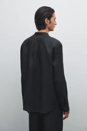 %100 лен regular fit воротник-стойка рубашка-ЧЕРНЫЙ - 3