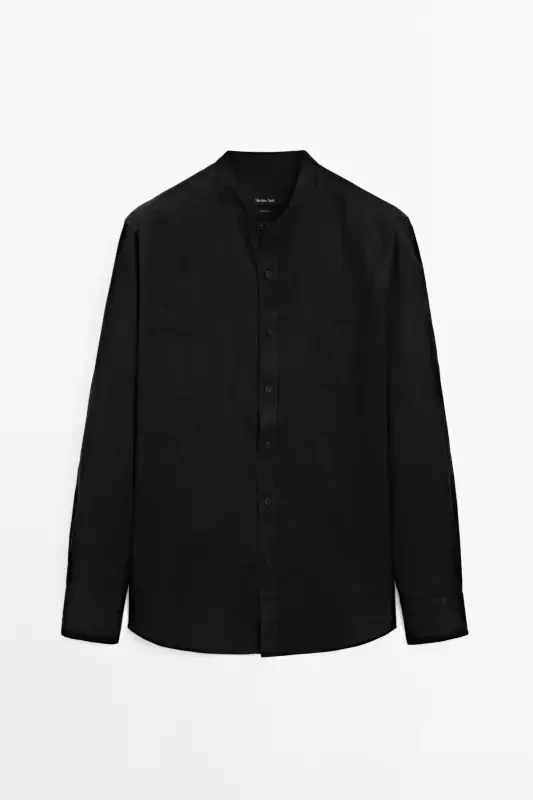 %100 лен regular fit воротник-стойка рубашка-ЧЕРНЫЙ - 6