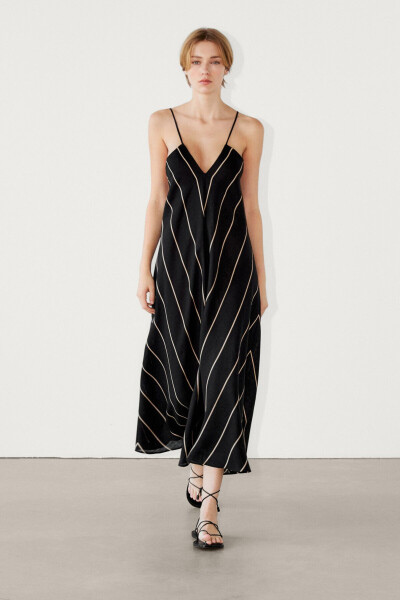 100% Linen Contrast Stripe Midi Dress - 8