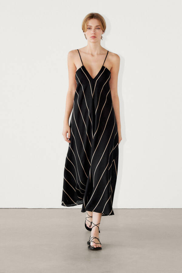 100% Linen Contrast Stripe Midi Dress - 8