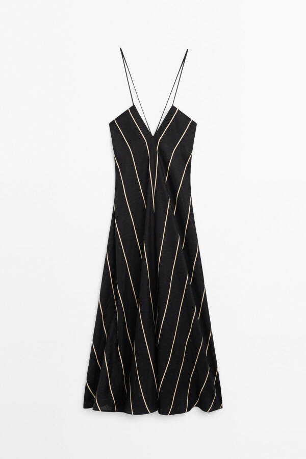 100% Linen Contrast Stripe Midi Dress - 5