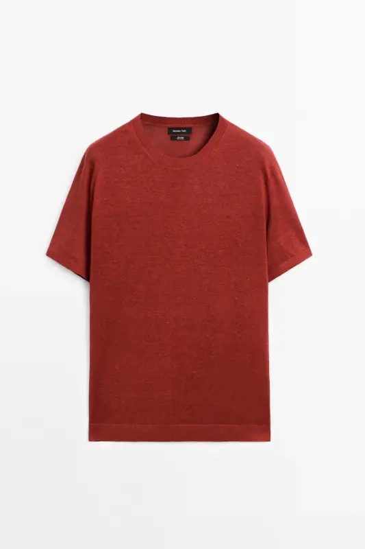 %100 linen knit t-shirt-Red - MASSIMO DUTTI