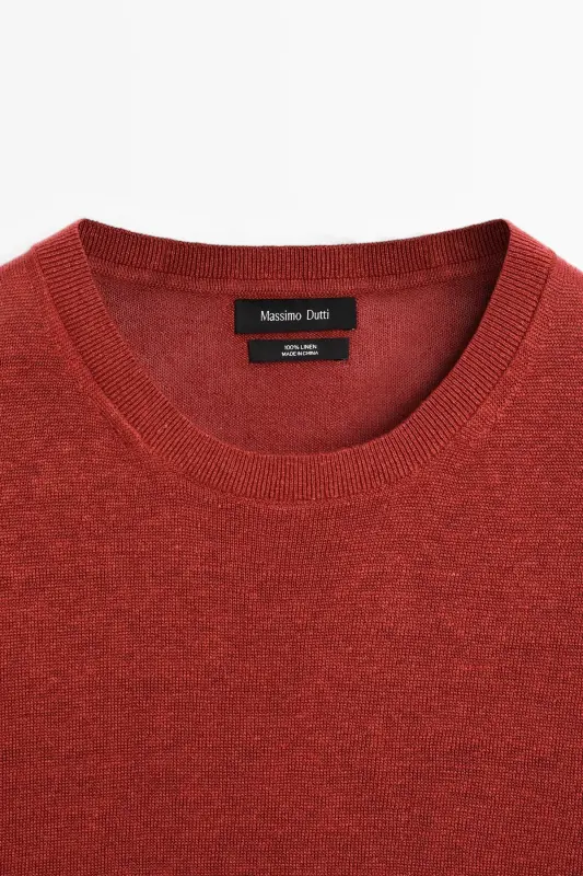 %100 linen knit t-shirt-Red - 2