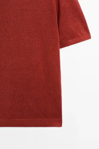%100 linen knit t-shirt-Red - 3