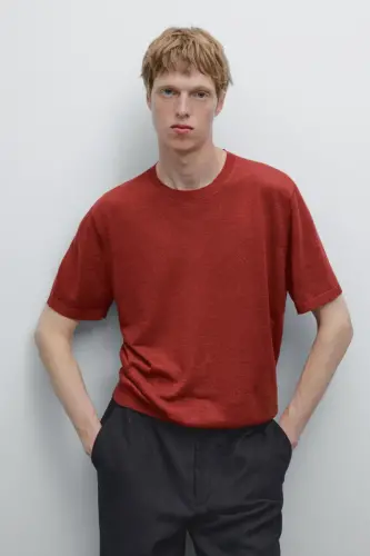 %100 linen knit t-shirt-Red - 6