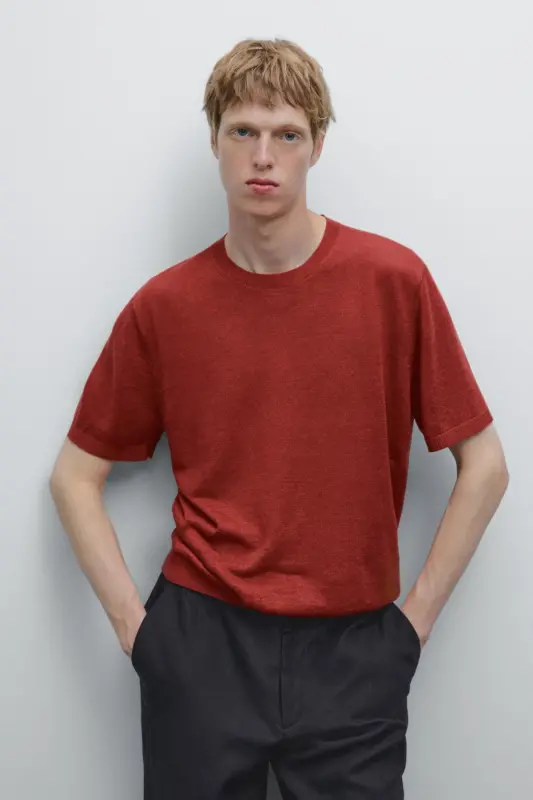 %100 linen knit t-shirt-Red - 6