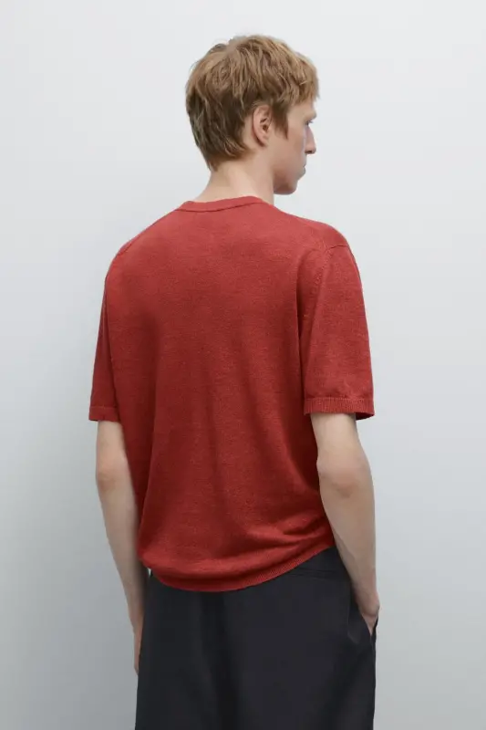 %100 linen knit t-shirt-Red - 7