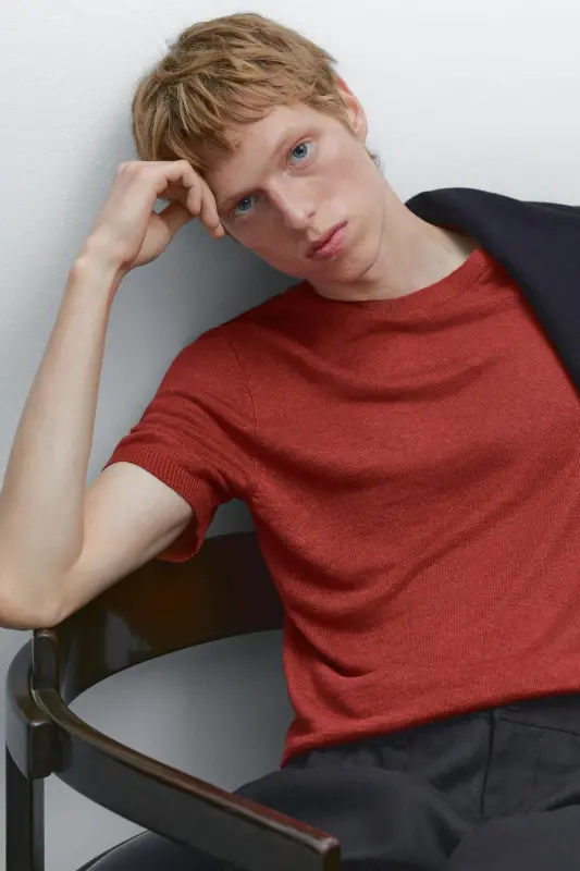 %100 linen knit t-shirt-Red - 8