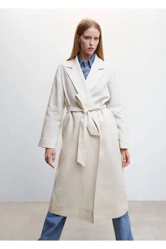 100% Linen Lapel Trench Coat - 1