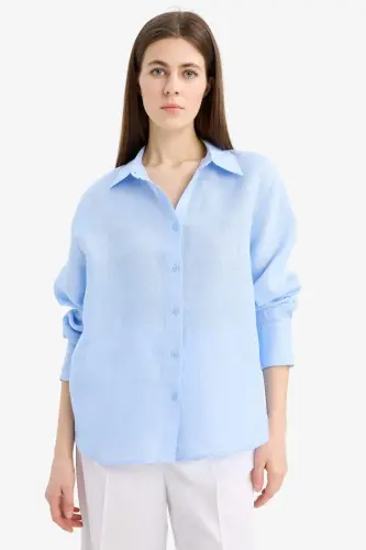 100% Linen Oversize Wide Leg Long Sleeve Shirt-Light Blue - 3