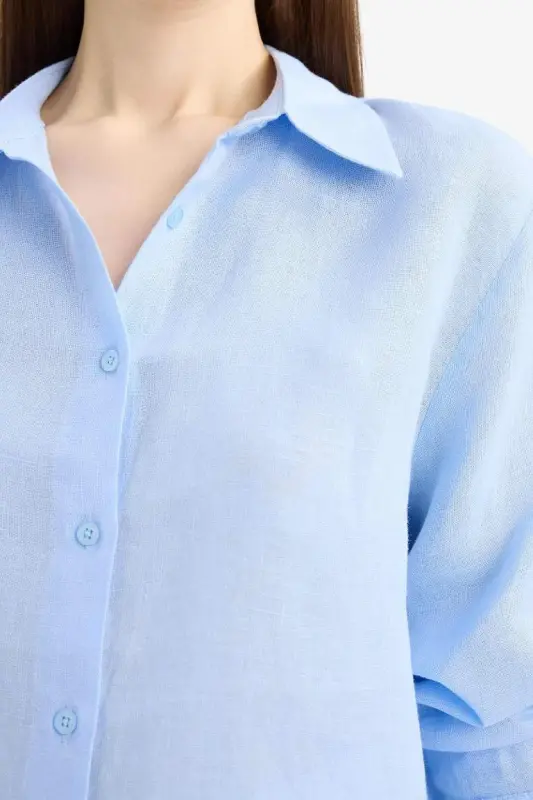 100% Linen Oversize Wide Leg Long Sleeve Shirt-Light Blue - 5